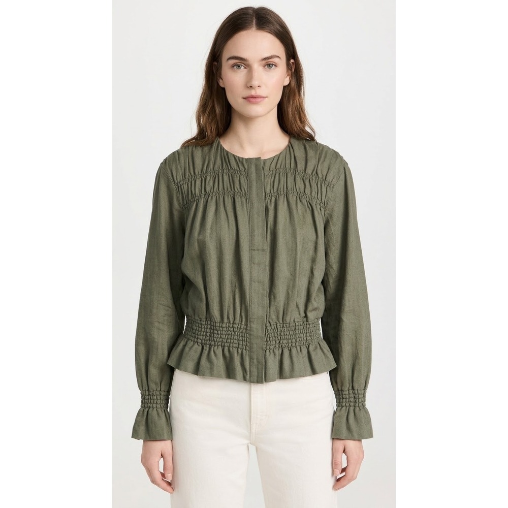FRAME Smocked Linen Blend Blouse Army Green Ruffle Long Sleeve Top Size S